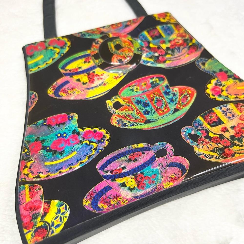 Vintage Angela Frascone Colorful Teacup Print Artistic Statement Bag Designer